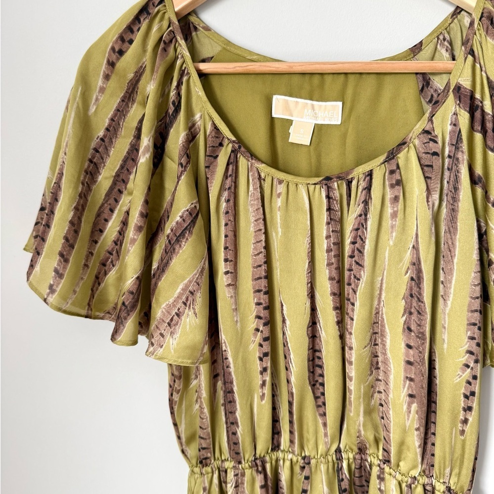 Olive Green Feather Patterned Silky Women’s Midi Dress Flutter Sleeve - Picture 2 of 3
